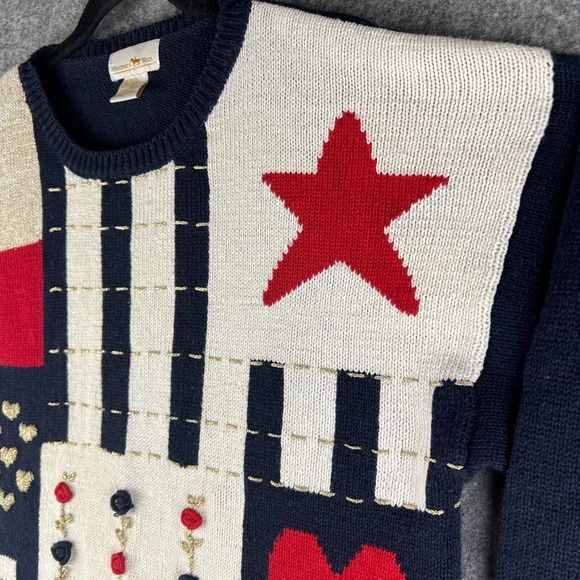 Vintage Hunters Run Sweater Womens Medium Patchwork Americana USA Flag Grandma - Picture 11 of 16